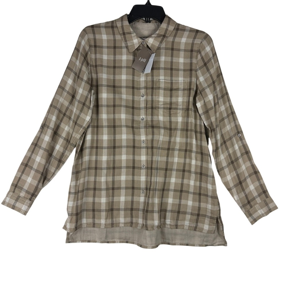 J. Jill Womens Mushroom Plaid Cotton Button Down Roll Tab Shirt Small NWT